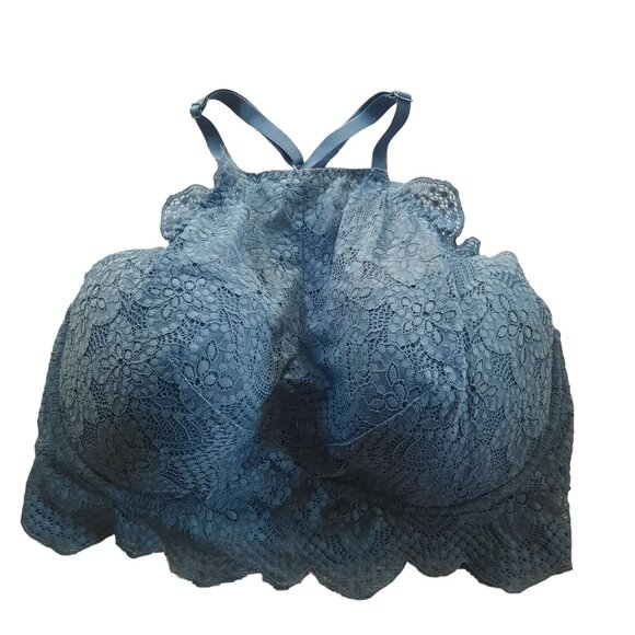 PINK VICTORIA'S SECRET Gray Blue Oasis Eyelash Lace High Neck Push Up Bralette - Picture 1 of 6